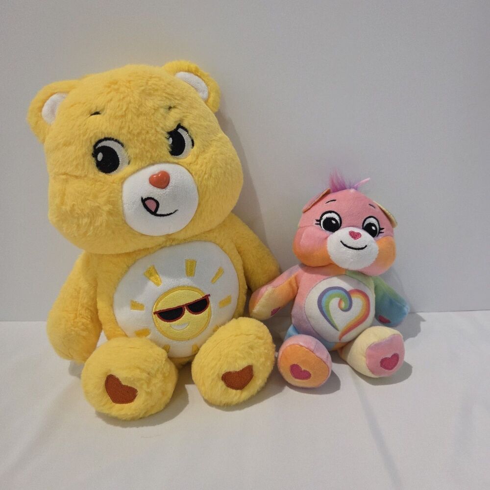 Lot Of 2 Care Bears Unlock The Magic Funshine Rainbow Heart Plush 12" 7"